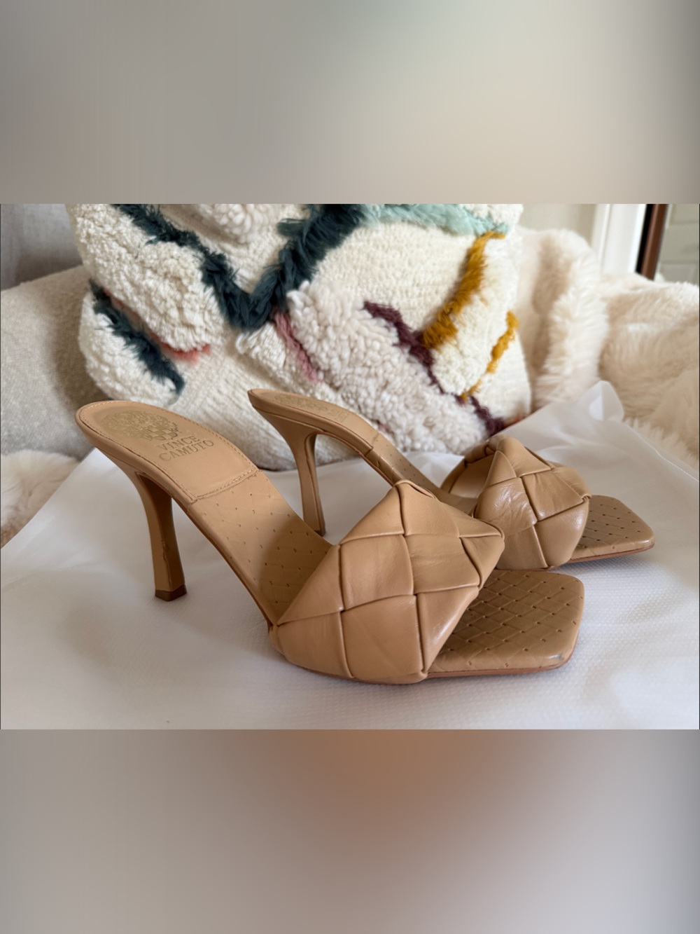 Vince Camuto Woven Leather Slide Heels in Tan